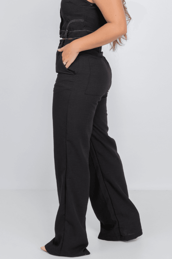 Calça Pantalona Em Crepe Corte Reto Angela Preta