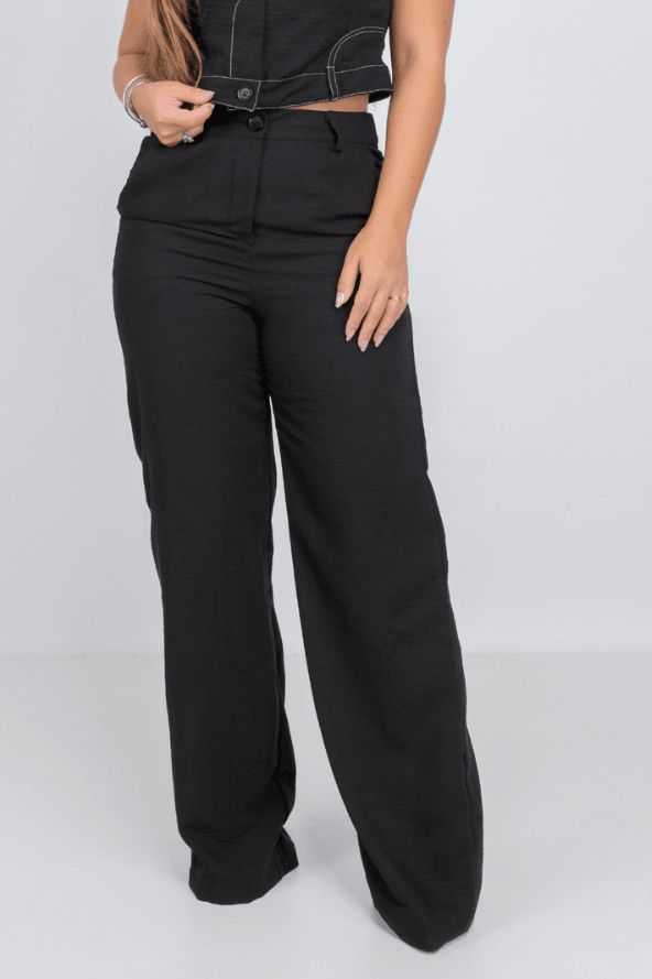 Calça Pantalona Em Crepe Corte Reto Angela Preta
